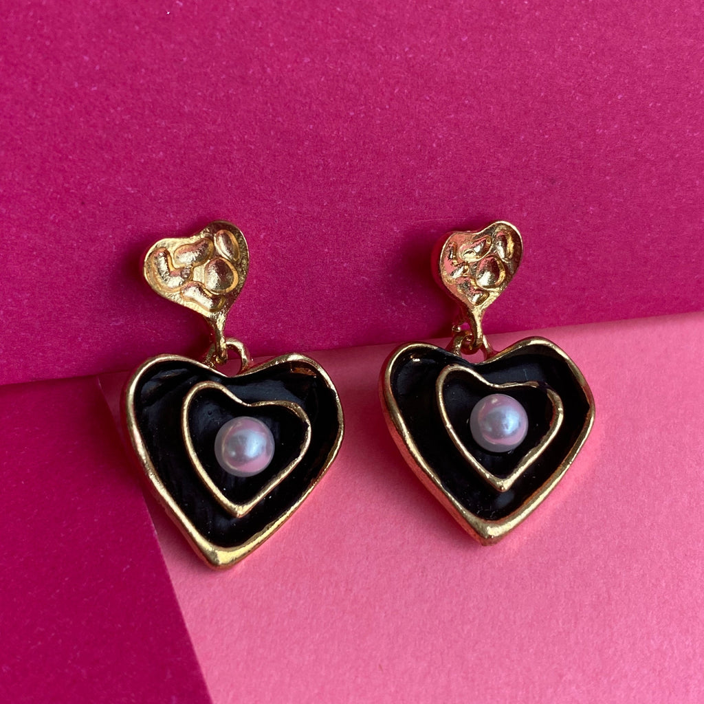 Black & Gold Heart Pearl Drop Earrings