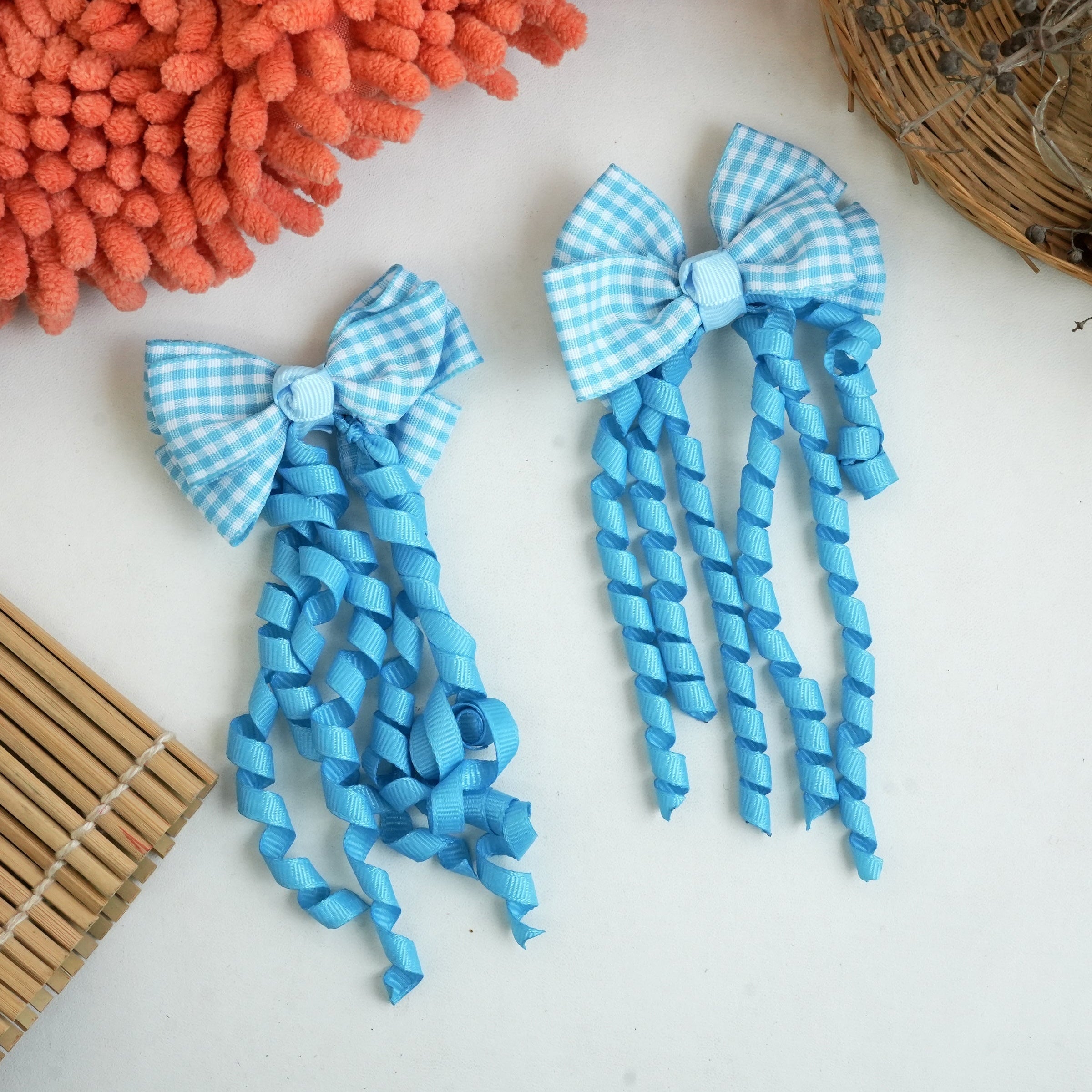 "Gingham Ribbon Bow Hair Clips – Vibrant Braided Collection" (pair)
