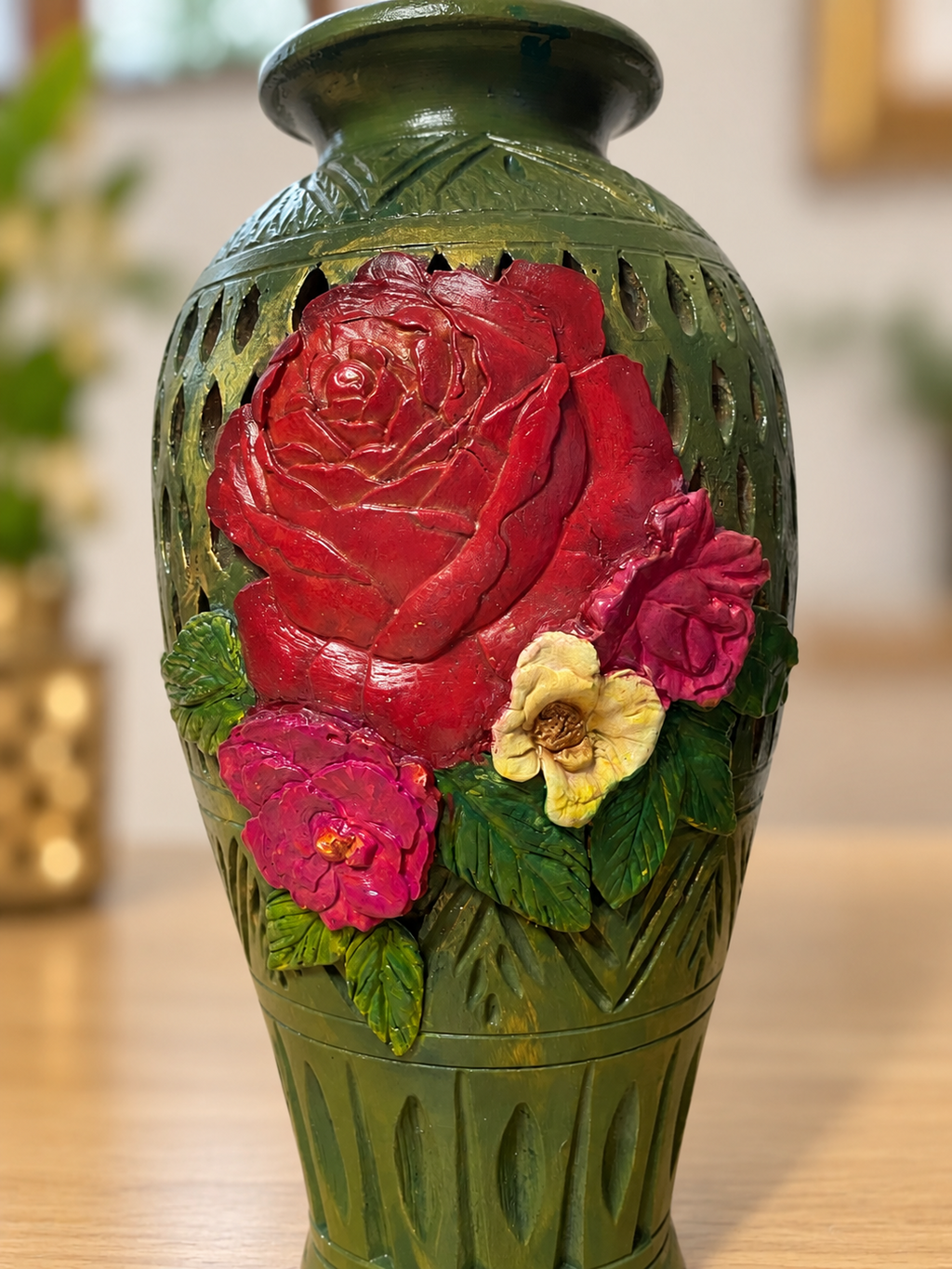 Handcrafted Floral Decorative Vase – Green with 3D Roses
