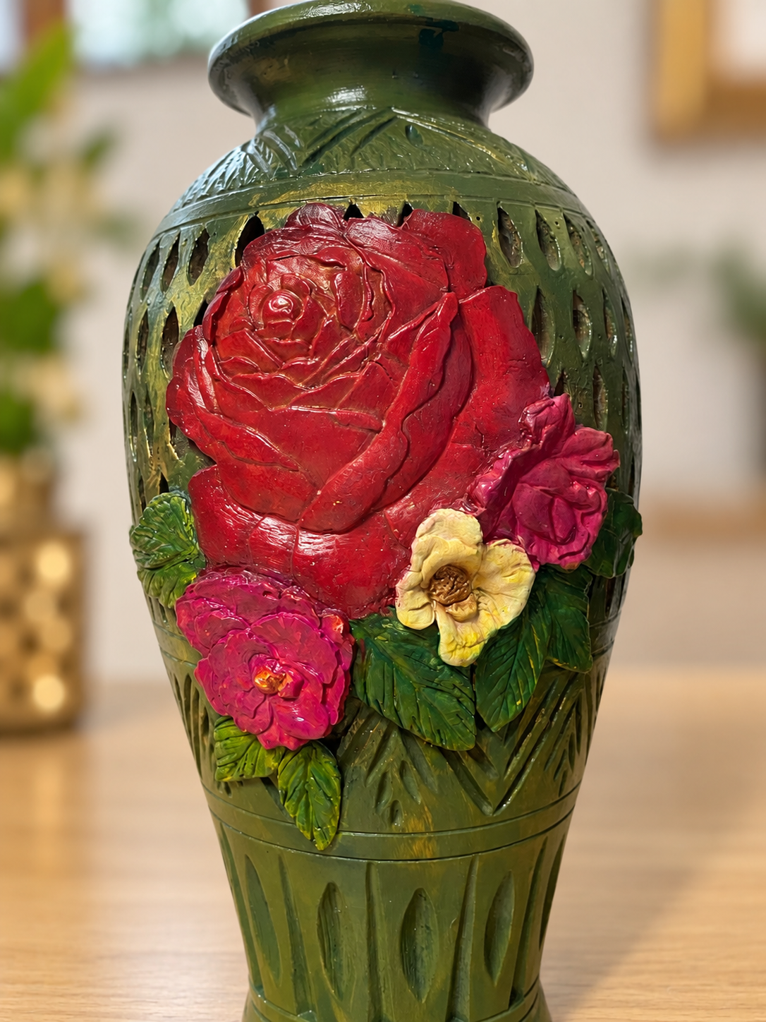 Handcrafted Floral Decorative Vase – Green with 3D Roses