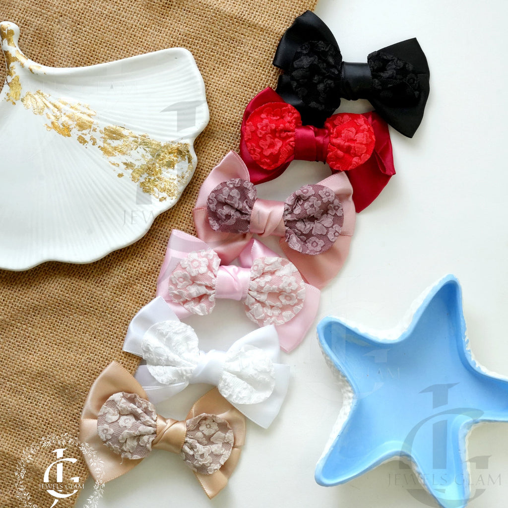 Lace Embellished Satin Bow Hair Clips (1 Pc)