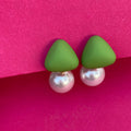 Bold Green Triangle Pearl Drop Earrings