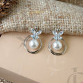 Silver Pearl Hoop Earrings with Crystal Butterfly Accent