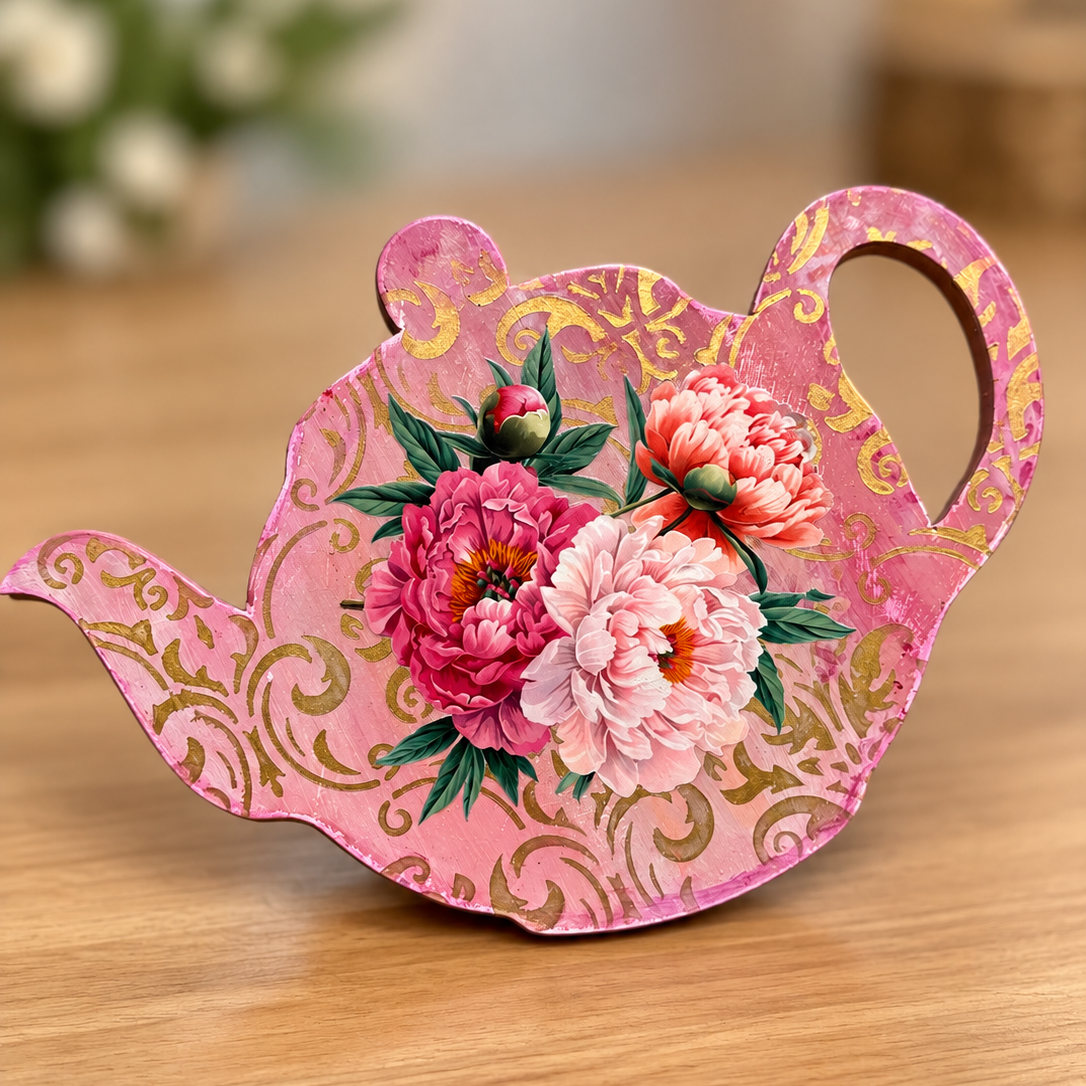 Floral Pink Teapot Wooden Decor