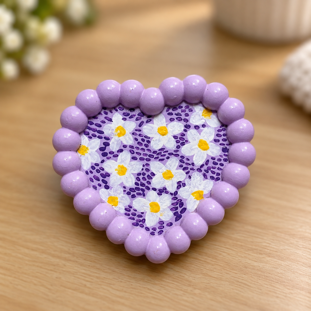 Hand-Painted Lavender Daisy Heart Trinket Tray