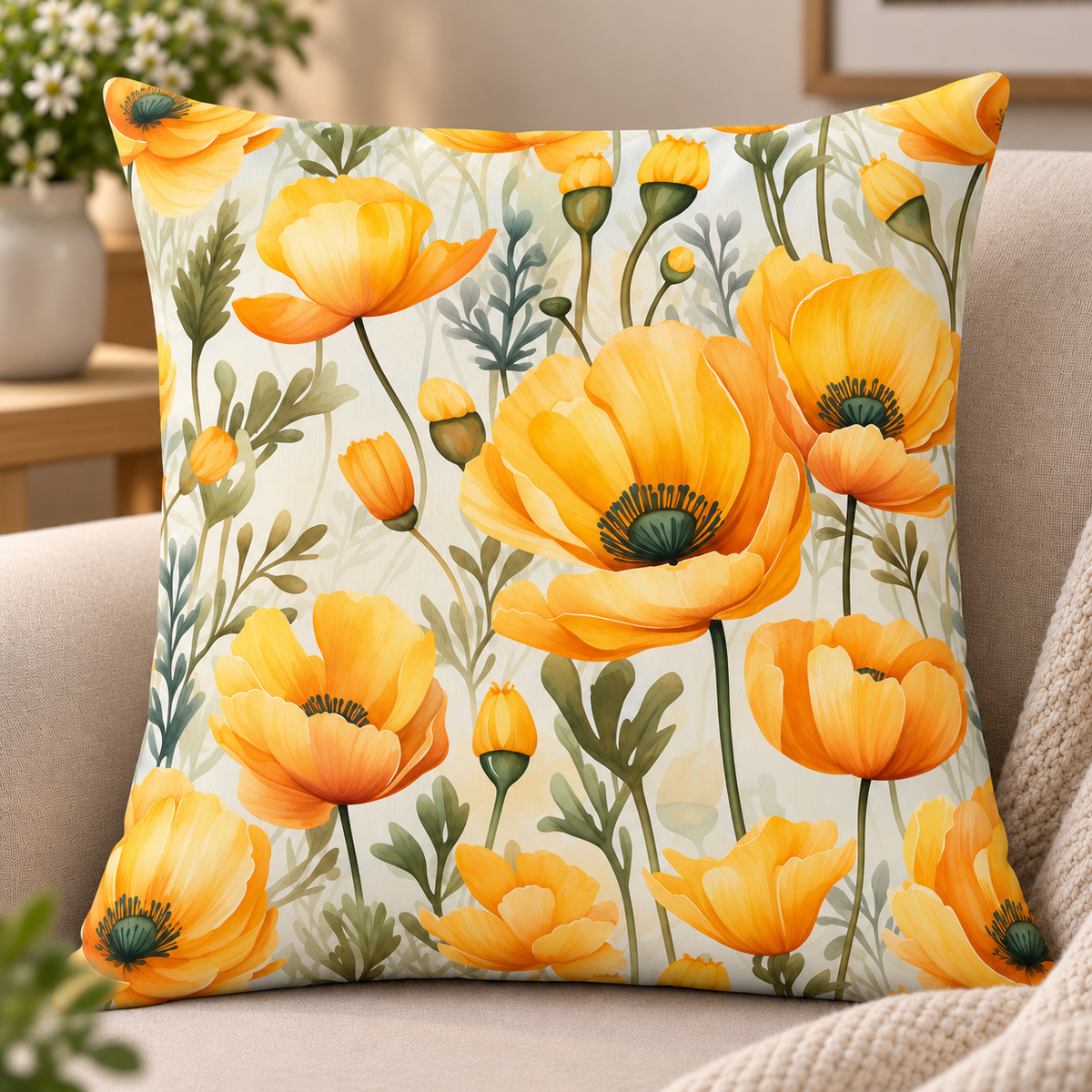 Golden Poppy Garden Cushion Cover