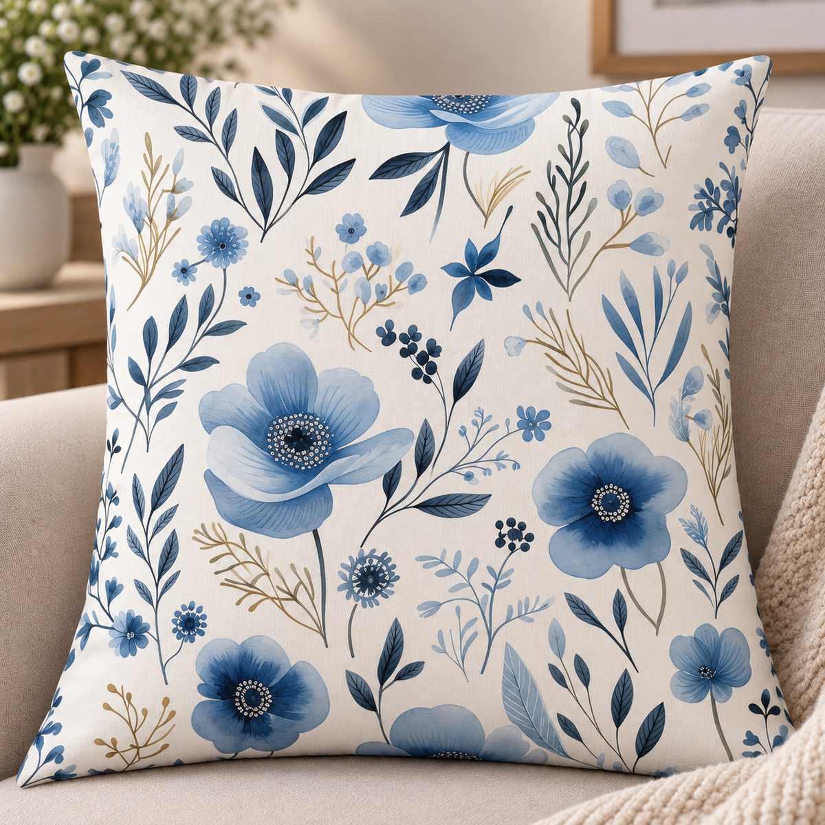 Blue Watercolor Botanical Cushion Cover