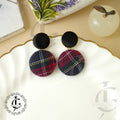 Plaid Fabric Button Drop Earrings
